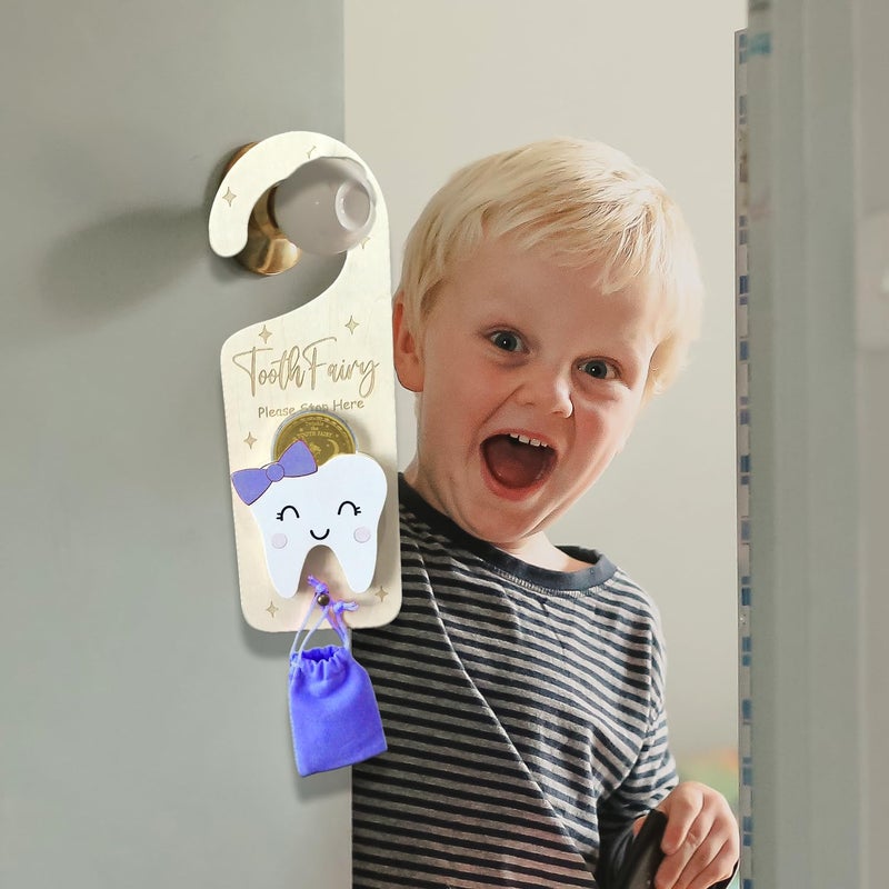 PAMBO Tooth Fairy Door Hanger, Wooden Tooth Fairy Money Holder with Tooth Coins for Lost Tooth Kids Gifts (Purple) - Image 5